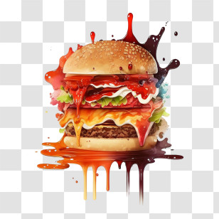 Watercolor Burger - Colorful Dripping Cheeseburger Illustration Transparent PNG