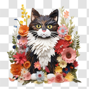 Floral Cat - Collaged Cat Surrounded By Flowers Transparent PNG