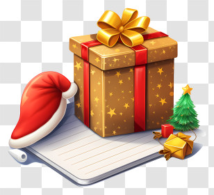 Christmas Gifts - Christmas Gift Box With Santa Hat And Tree Transparent PNG