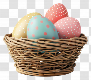 Eggs In Basket - Colorful Easter Eggs In A Woven Basket Transparent PNG