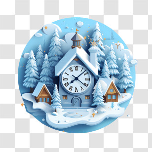 Winter Time - Winter Clock House Scene Illustration Transparent PNG
