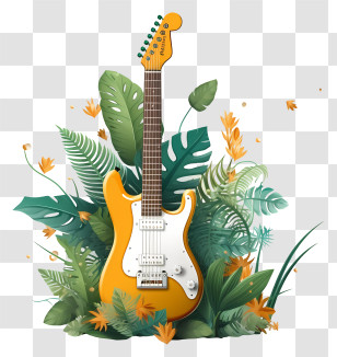 Yellow Electric Guitar - Yellow Electric Guitar With Tropical Plants Transparent PNG