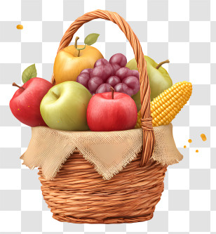 Harvest Basket With Corn Grapes - Wicker Fruit Basket Transparent PNG