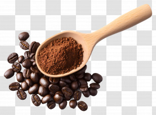 Coffee Powder - Wooden Spoon With Coffee Beans And Powder Transparent PNG