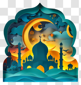Ramadan - Decorative Paper-Cut Islamic Mosque Under Crescent Moon Transparent PNG