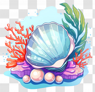 Open Oyster - Beautiful Blue Seashell With Pearls And Coral Transparent PNG
