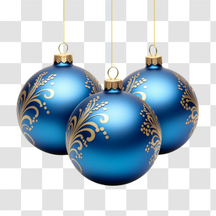 Christmas Balls - Blue Ornamental Christmas Baubles With Golden Design Transparent PNG