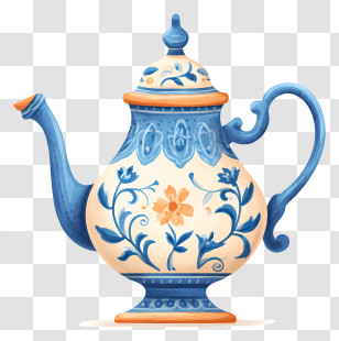 Victorian Teapot - Decorative Blue Floral Teapot Transparent PNG