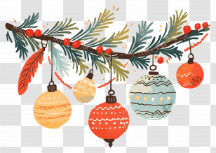 Christmas Balls On A Branch - Decorative Christmas Ornaments On A Branch Transparent PNG