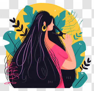 Woman Combing Long Hair - Woman Combing Hair With Leafy Background Transparent PNG