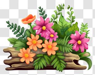 Flower Arrangement - Colorful Flowers And Log Illustration Transparent PNG