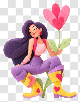 Vibrant Cartoon Woman - Purple-haired Woman Holding Flower Transparent PNG