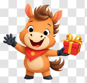 Cartoon Horse - Happy Foal Holding Gift Transparent PNG