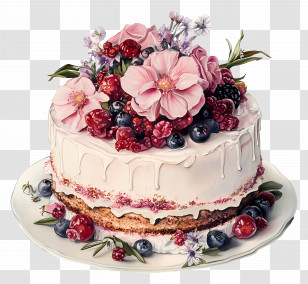 Cake Drawing - Floral Cake With Berries And Flowers Transparent PNG