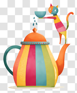 Teapot And Cat - Colorful Teapot With Cat Transparent PNG