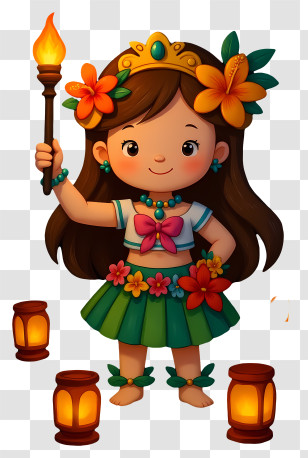 Hawaiian Girl - Tropical Girl With Torch And Lanterns Transparent PNG
