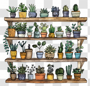 Shelf - Artistic Shelf With Succulents And Cacti Transparent PNG