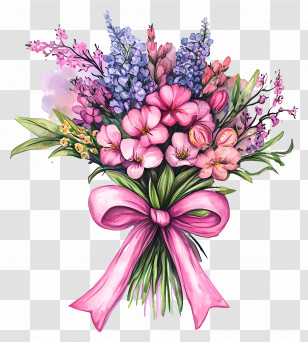 Pink Bouquet - Charming Pastel Flower Bouquet With Ribbon Transparent PNG