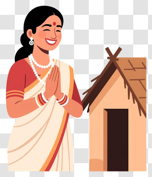 Indian Woman Welcome Namaste Hands - Village Woman Greeting Near Hut Transparent PNG