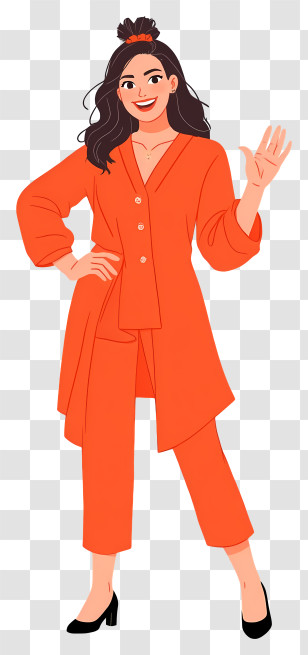 Woman Full Body - Woman In Orange Outfit Waving Transparent PNG