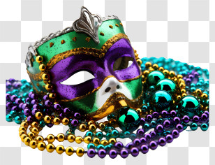 Mardi Gras Mask - Colorful Mardi Gras Mask And Bead Decorations Transparent PNG