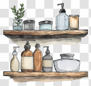 Shelved Bottles And Jars - Decorative Glass Bottles And Jars On Wooden Shelves Transparent PNG