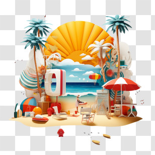 National Beach Day - Colorful Beach Scene With Sun And Palm Trees Transparent PNG