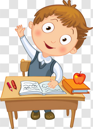 School - Happy School Boy Raising Hand At Desk Transparent PNG