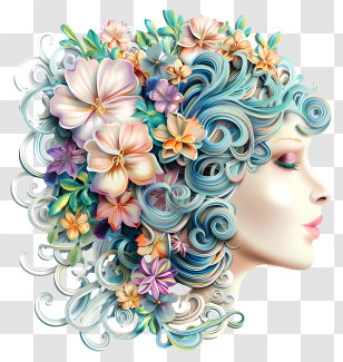 Wreath Girl - Artistic Profile With Floral Hair And Blue Curls Transparent PNG