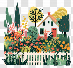 Garden - Beautiful Garden And House Illustration With Flowers Transparent PNG