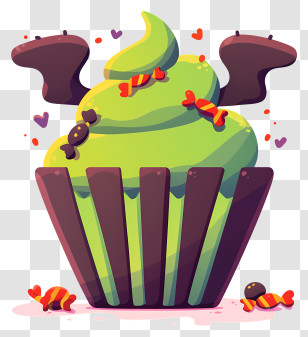 Halloween Cupcake - Green Cupcake With Candy Transparent PNG