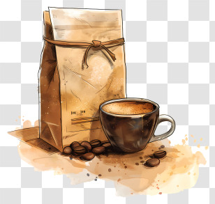 Coffee Pack - Coffee Cup With Beans And Bag Transparent PNG