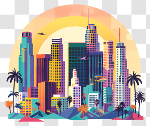 Los Angeles - Vibrant Colorful Cityscape With Skyscrapers And Palm Trees Transparent PNG