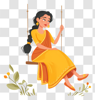 Indian Woman On Swing - Woman In Yellow Dress On Swing With Flowers Transparent PNG