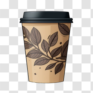 Brown Paper Coffee Cup - Beige Coffee Cup With Leaf Artwork Transparent PNG