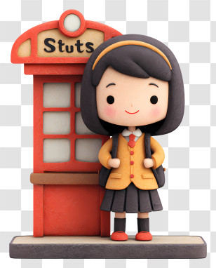 Girl Student At Bus Stop - Cute Schoolgirl Figurine By Phone Booth Transparent PNG
