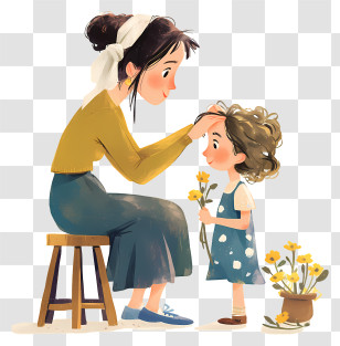 Mother Combing Daughter Hair - Mother And Child With Flowers Transparent PNG