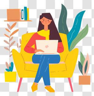 Woman With Laptop - Cartoon Woman Working On Laptop In Cozy Setting Transparent PNG
