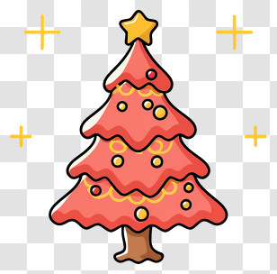 Pink Christmas Tree - Whimsical Red Christmas Tree Illustration With Star Transparent PNG