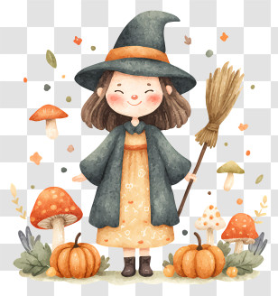 Little Witch With Broom - Little Witch With Broom And Pumpkins Transparent PNG