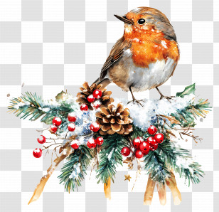 Xmas - Robin Bird On Snowy Branch Transparent PNG