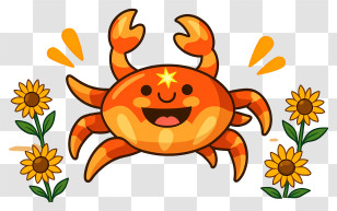 Cartoon Crab On Beach - Happy Crab With Sunflowers Transparent PNG