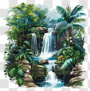 Tropical Waterfall Scene - Serene Tropical Waterfall In Lush Greenery Transparent PNG