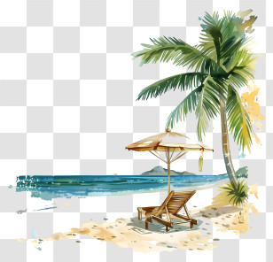 Summer Vacation - Tropical Beach Scene With Chair And Palm Tree Transparent PNG