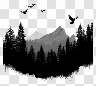 Mountain Silhouette - Black And White Mountain And Forest Silhouette Scene Transparent PNG