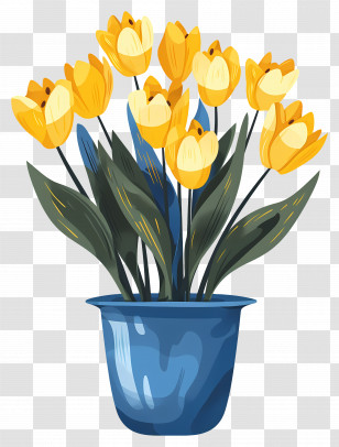 Yellow Flowers - Yellow Tulips In Blue Pot Illustration Transparent PNG