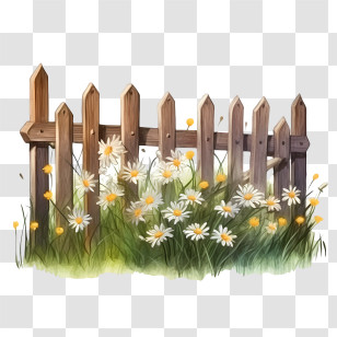 Wooden Garden Fence - Picket Fence With Daisies And Grass Transparent PNG