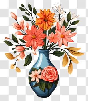 Doodle Style Flower In Vase - Colorful Flower Arrangement In A Blue Vase Transparent PNG