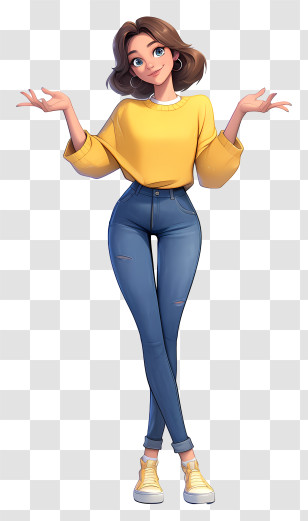 Woman With Hands Outstretched - Confident Woman In Yellow Sweater And Jeans Transparent PNG