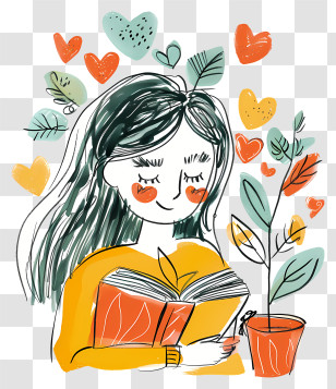 Cartoon Girl With Book - Charming Girl Reading A Book With Hearts And Plants Transparent PNG